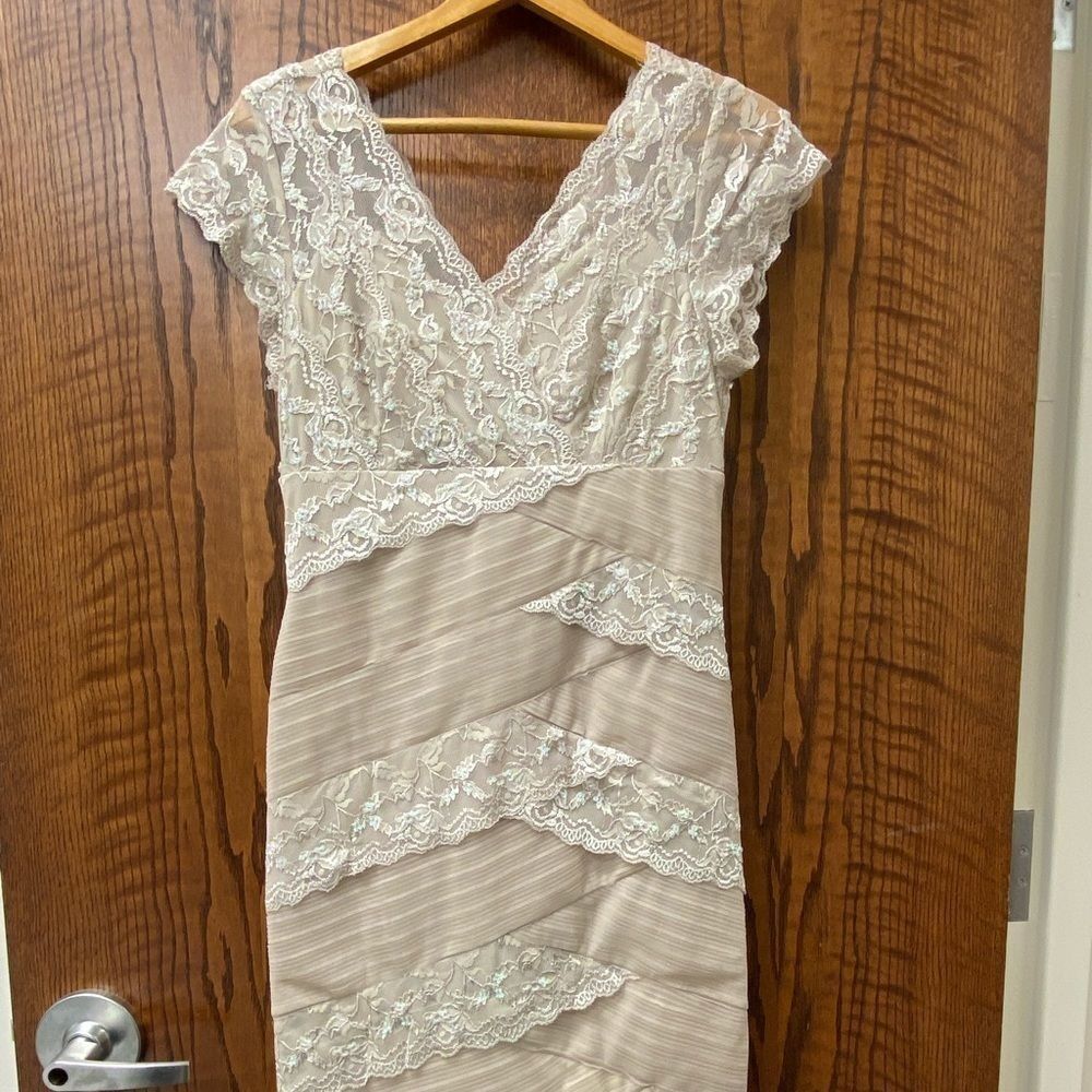 MARINA beige lace and mesh criss cross cocktail midi dress‎